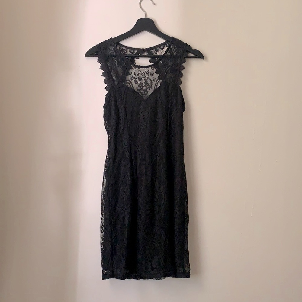 Black lace dress with open back